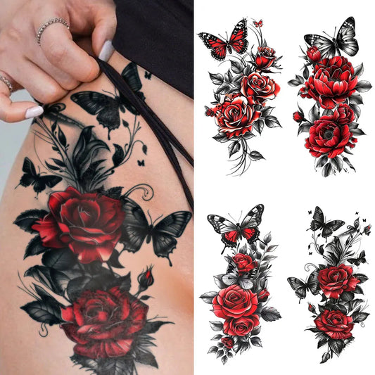 Autocollant de tatouage temporaire imperméable, 4 pièces, Style foncé, papillon, Rose rouge, fleurs, feuilles, bras d'art corporel, faux tatouages, manches pour femmes et hommes