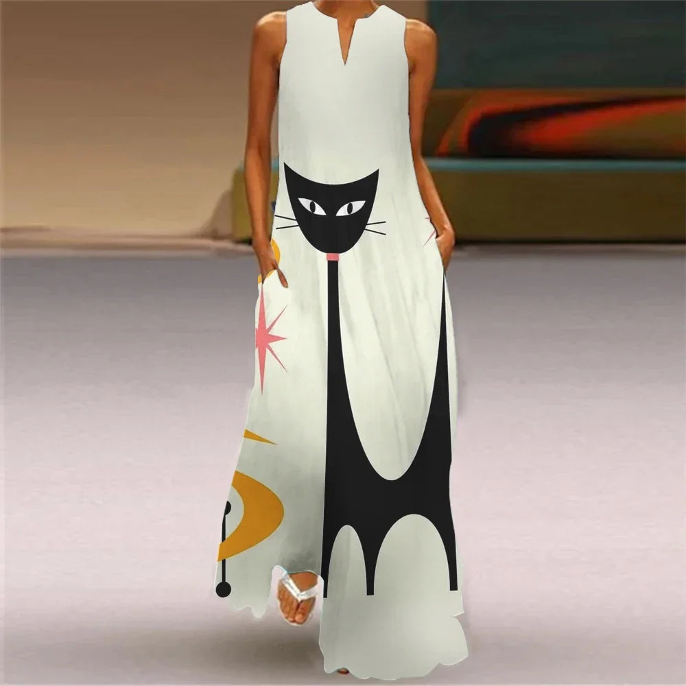 Robe longue imprimée chat abstrait pour femmes, mode Sexy, ajouré, col en v, sans manches, décontractée, vacances, fête, dîner, Maxi