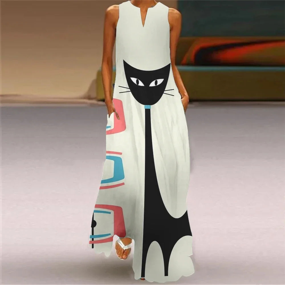 Robe longue imprimée chat abstrait pour femmes, mode Sexy, ajouré, col en v, sans manches, décontractée, vacances, fête, dîner, Maxi