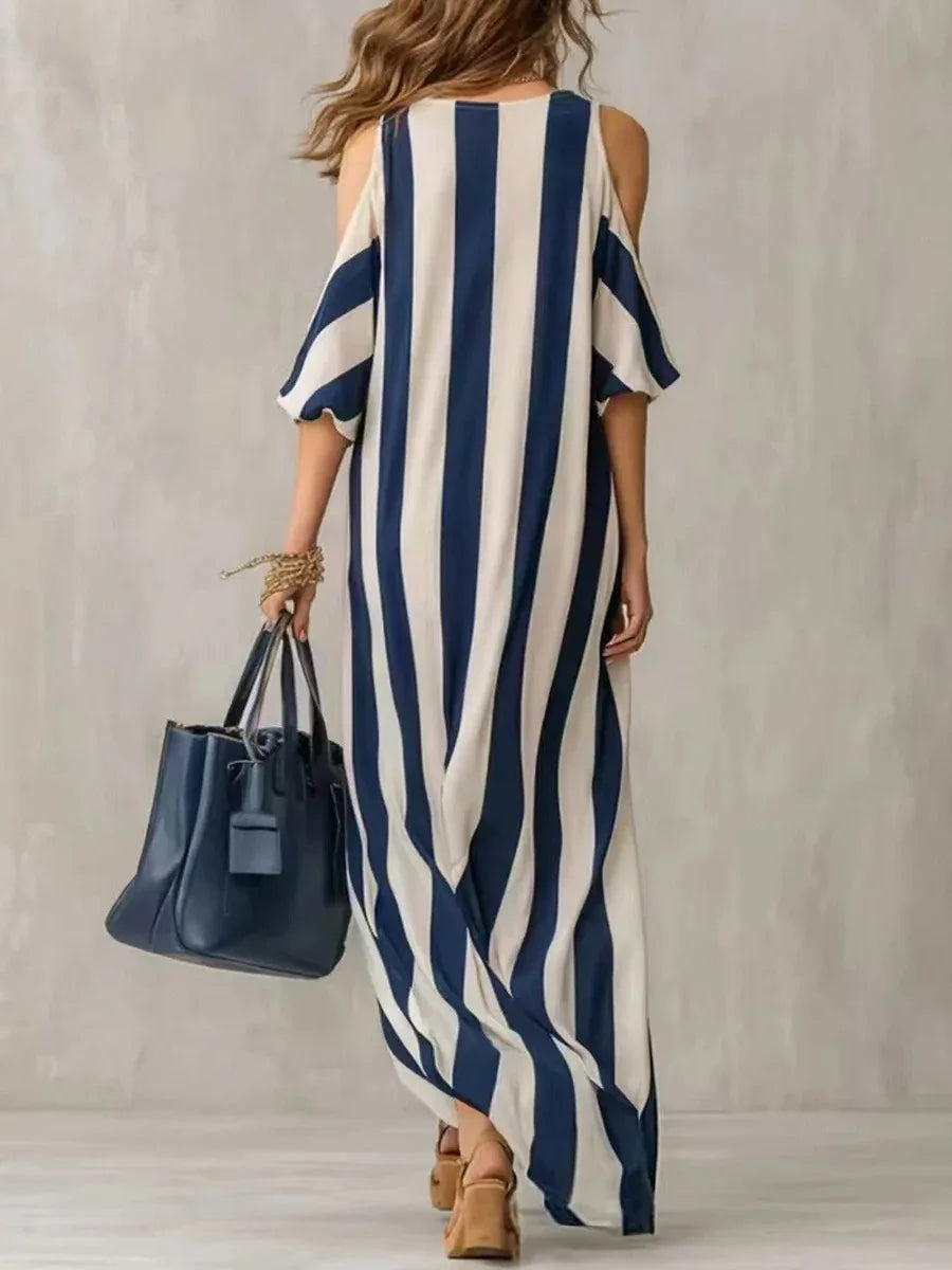 Robe longue rayée décontractée pour femme, coupe ample, épaules dénudées, avec fente, idéale pour l'été et les vacances