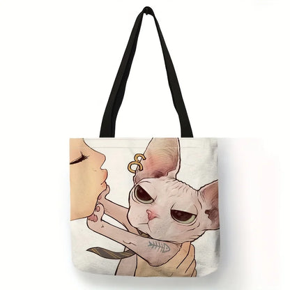 Sac fourre-tout imprimé chat de dessin animé mignon, sac à bandoulière de grande capacité, sac à main décontracté pour femmes pour le travail, l'école et le Shopping