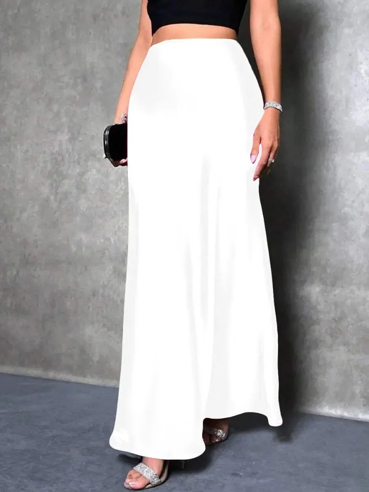 Jupe Midi Satin à Volants – Taille Haute