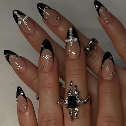 Faux ongles à presser style gothique sombre, avec motifs artistiques, polices anglaises, cœurs et chiffres, longs et pointus, pour manucure