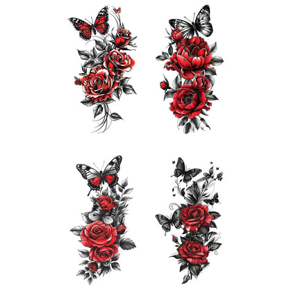 Autocollant de tatouage temporaire imperméable, 4 pièces, Style foncé, papillon, Rose rouge, fleurs, feuilles, bras d'art corporel, faux tatouages, manches pour femmes et hommes