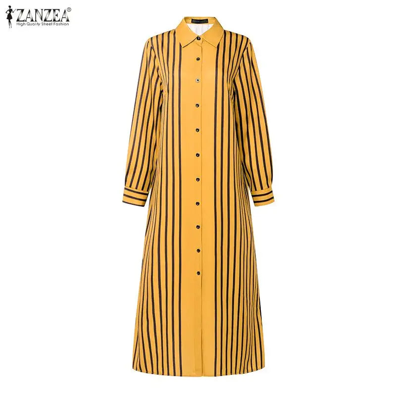 Robe Longue Rayée Bohème – Col Rabattu & Manches Longues