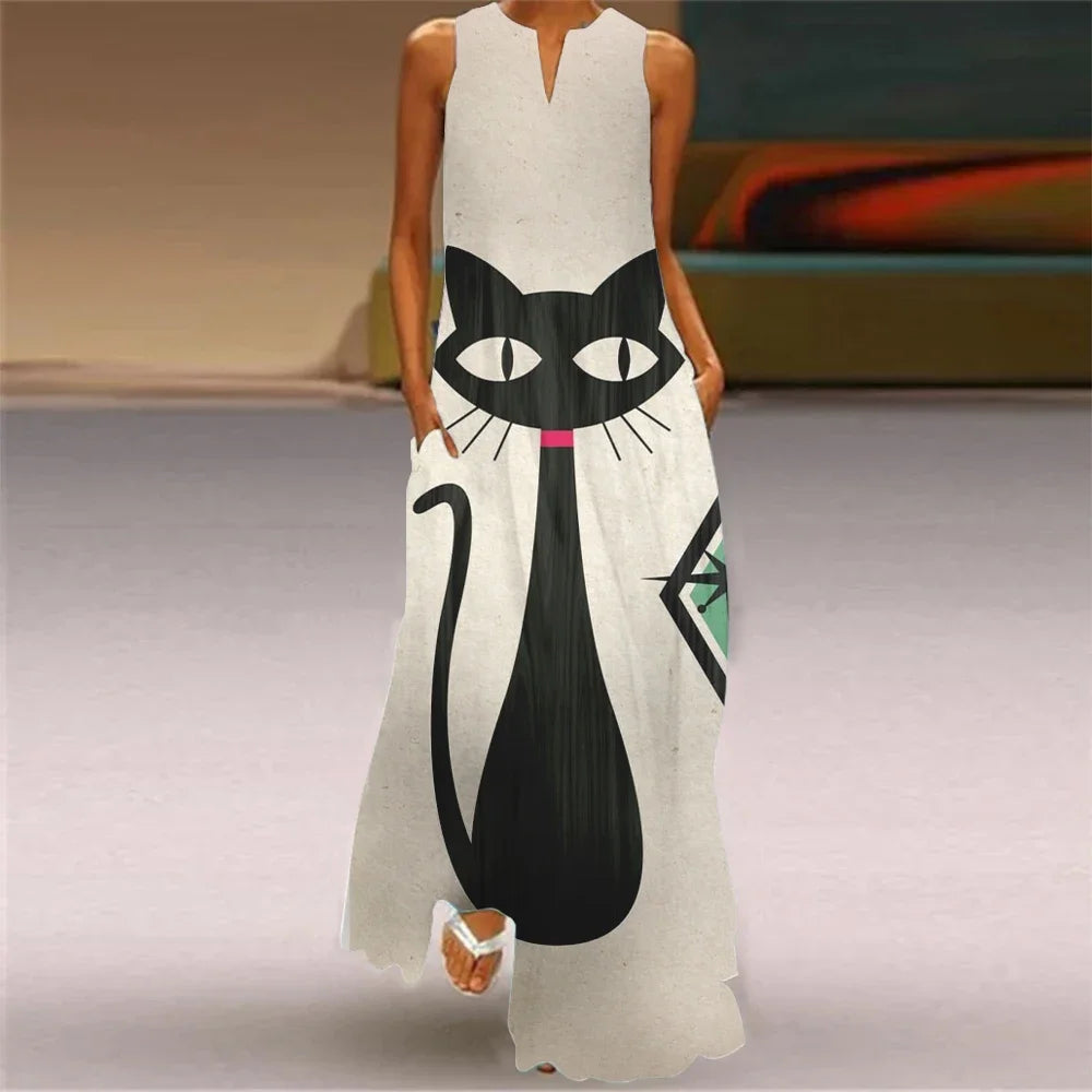 Robe longue imprimée chat abstrait pour femmes, mode Sexy, ajouré, col en v, sans manches, décontractée, vacances, fête, dîner, Maxi