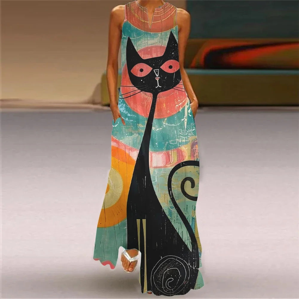 Robe longue imprimée chat abstrait pour femmes, mode Sexy, ajouré, col en v, sans manches, décontractée, vacances, fête, dîner, Maxi