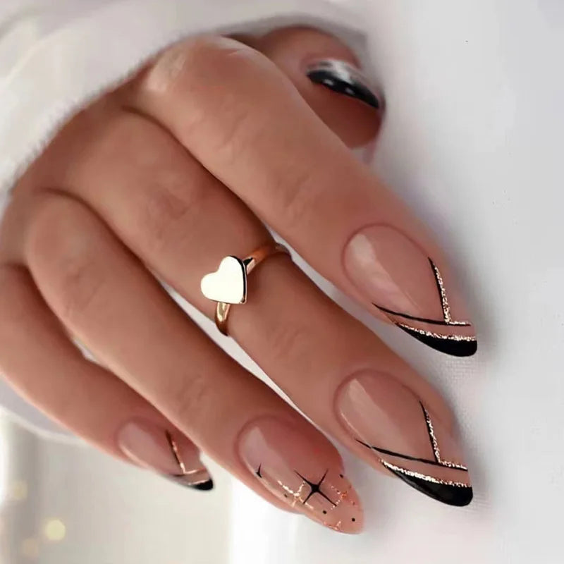 Faux Ongles Press-On Forme Amande – 24 Pièces, Motifs & Couleurs Variés