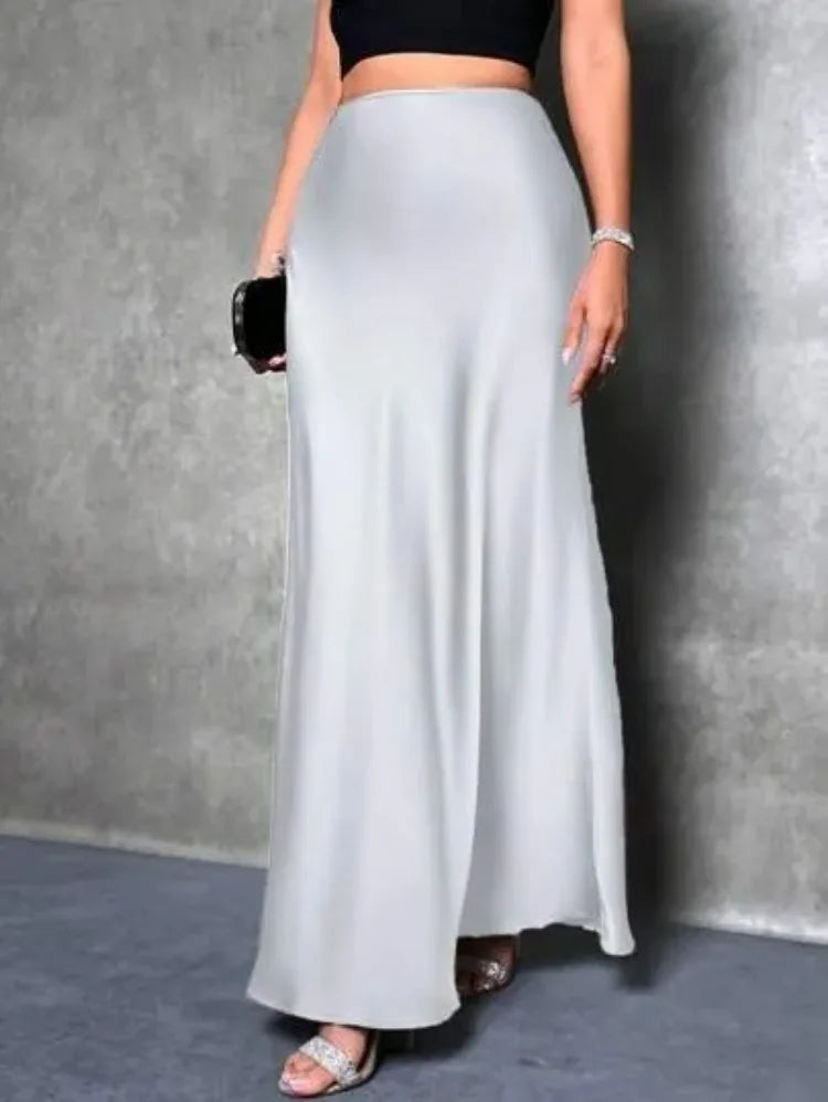 Jupe Midi Satin à Volants – Taille Haute